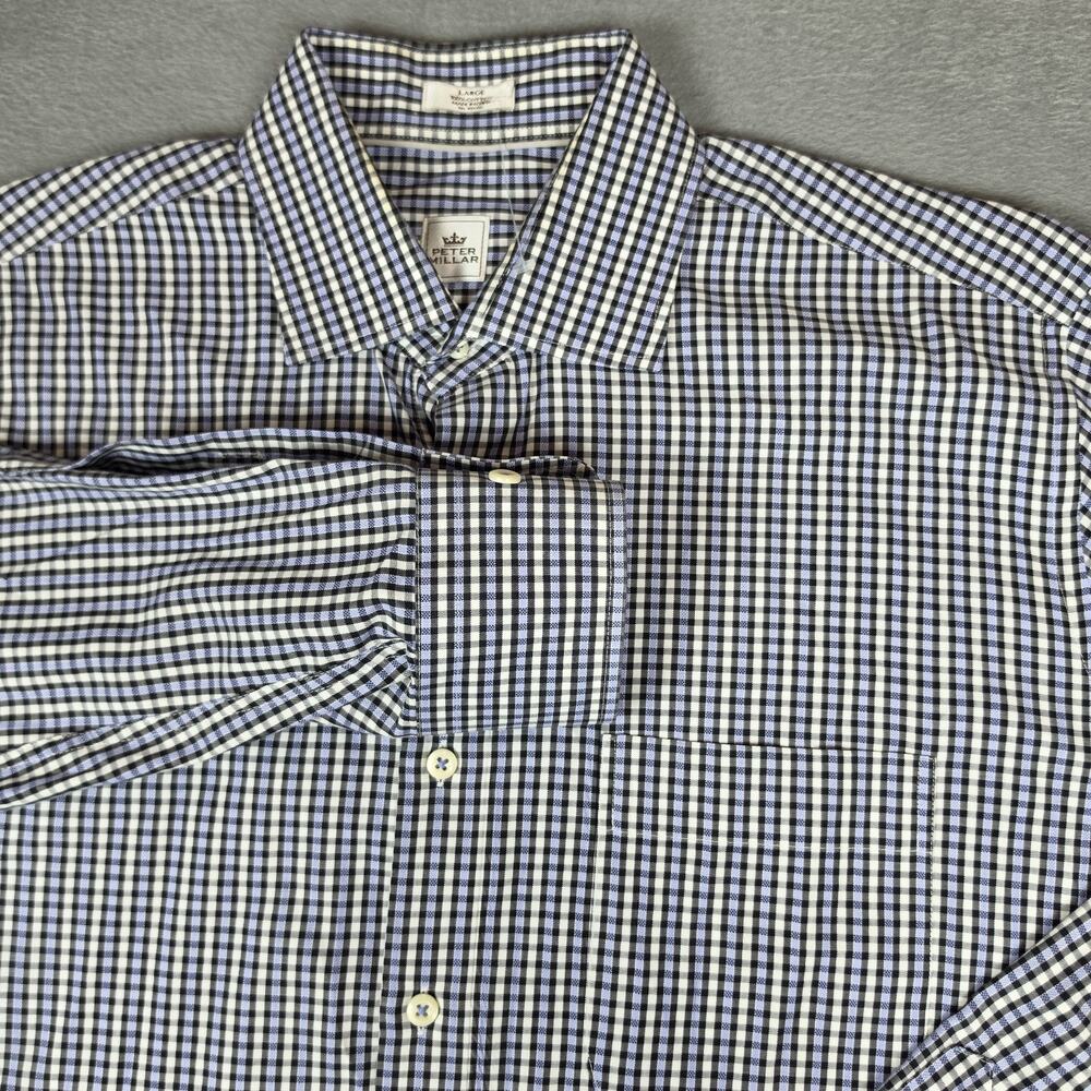 Peter Millar Mens Large Button Front Dress Shirt Blue Check Cotton Long Sleeve